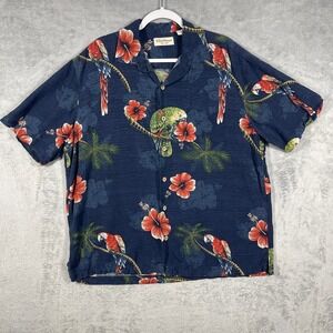 Caribbean Button Down Shirt Mens XL Blue Silk Tropical Parrot Hibiscus Camp